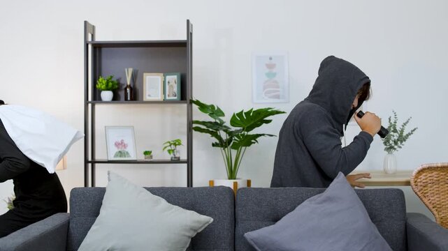 Two Masked Thieves Surprised and Shocked During Nighttime Living Room Burglary