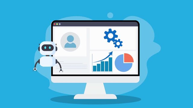 Animated flat vector illustration of an AI analytics dashboard on a desktop monitor with charts, user profile icon, and a friendly robot assistant representing automation and data technology.