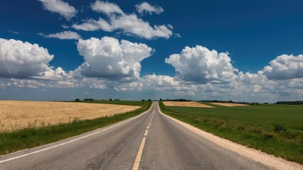 Open countryside road under blue sky
