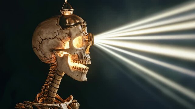 Skeletal figure with glowing skull beams illuminating a dark space in an eerie atmosphere