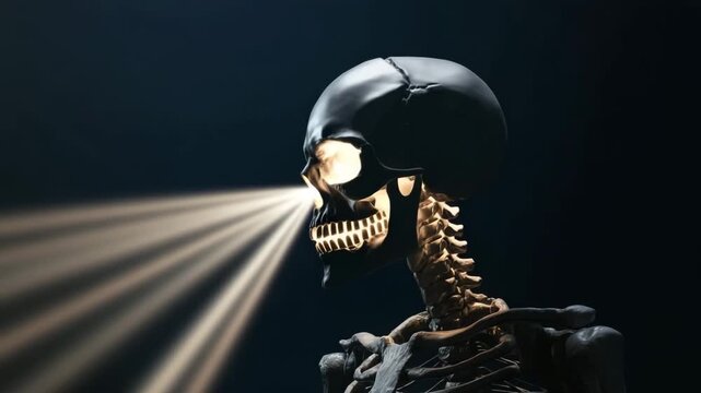 Skeletal figure with glowing skull beams illuminating a dark space in an eerie atmosphere