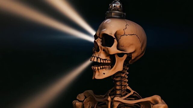 Skeletal figure with glowing skull beams illuminating a dark space in an eerie atmosphere