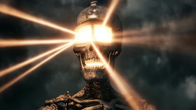 Skeletal figure with glowing skull beams illuminating a dark space in an eerie atmosphere