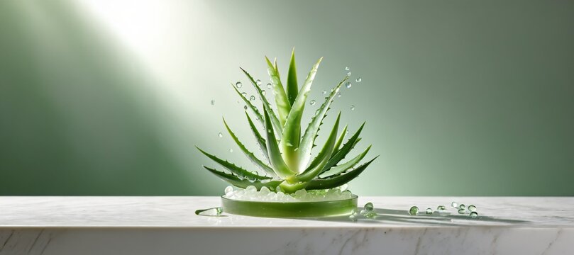 Aloe Vera Plant on Marble Podium with Water Droplets and Green Background