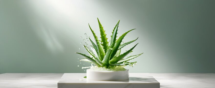 Aloe Vera Plant on White Marble Podium for Cosmetic Product Display