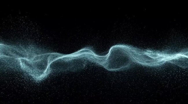 Abstract swirling dust particles flowing on black background motion graphics with blue light