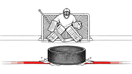 hockey goalie in front of net with puck on ice hand drawn black and white sports illustration