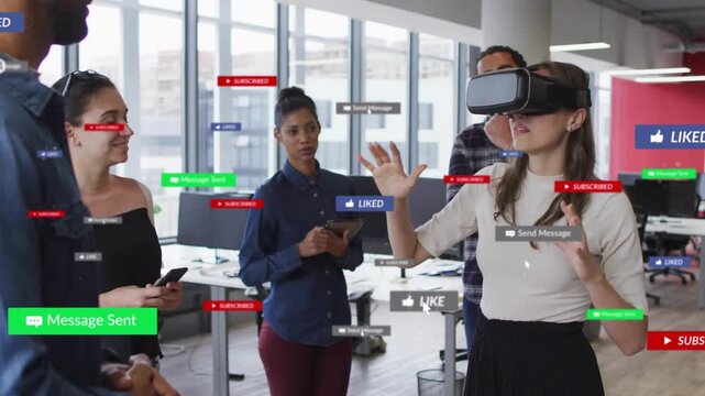 Woman putting on VR headset, raising hands showing tech demo, team watching social labels floating