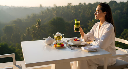 Mindful Breakfast on Balcony Overlooking Bali Rainforest