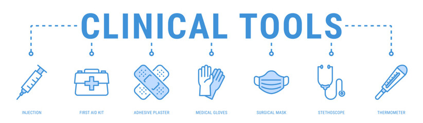 Obraz premium Clinical Tools web banner icon vector illustration with Injection, First Aid Kit, Adhesive Plaster, Medical Gloves, Surgical Mask, Stethoscope and Thermometer