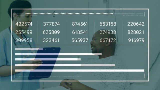 Clinician holding blue clipboard causing health data overlay while sharing results, patient sitting