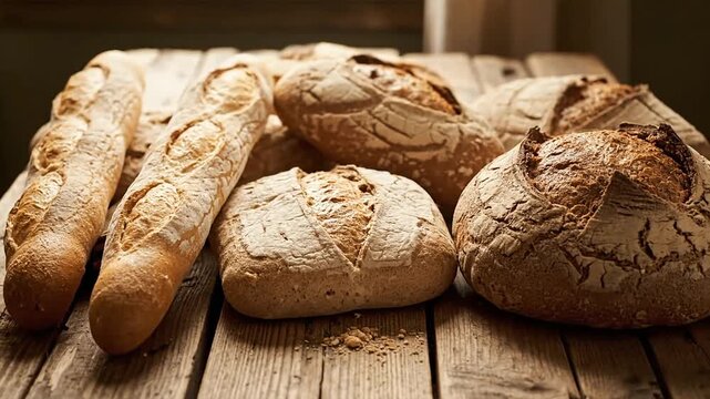 Freshly baked bread loaves displayed on rustic wooden table