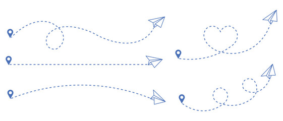 Blue paper airplane path collection with dotted travel routes and playful motion lines. Minimal navigation and message delivery concept for communication and journey themed designs. Clean vector line  © IT park