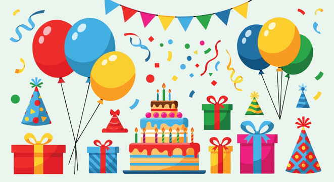 Vibrant flat geometric birthday gathering with large cake banner