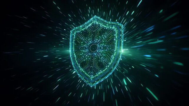 Digital glowing blue and green shield with circuit patterns and light rays for cybersecurity protection concept