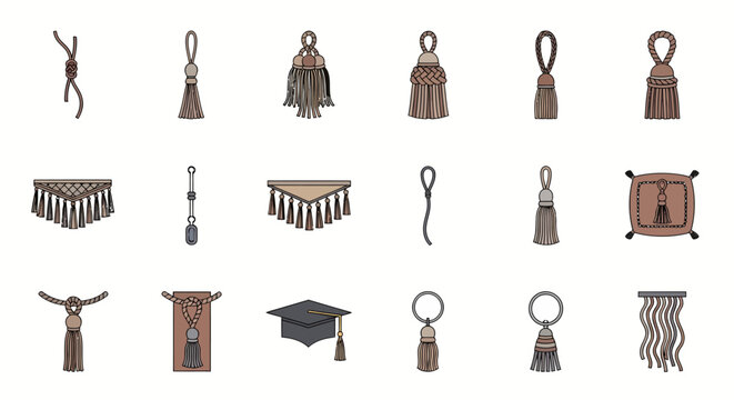 Illustration of various tassel and cord designs on white background