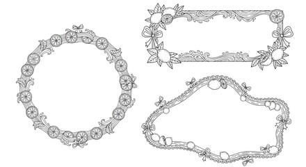 Obraz premium Three ornate frames with citrus fruits and bows on white background