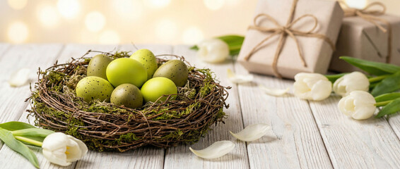 Obraz premium Tło wielkanocne w stylu rustykalnym. Stół z bielonych desek, na którym spoczywa wieniec z gałązek i mchu z zielonymi pisankami, w tle prezenty i białe tulipany