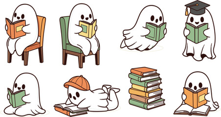 Fototapeta premium Cute Reading Ghost Set – Adorable Cartoon Ghost Studying with Books Illustration