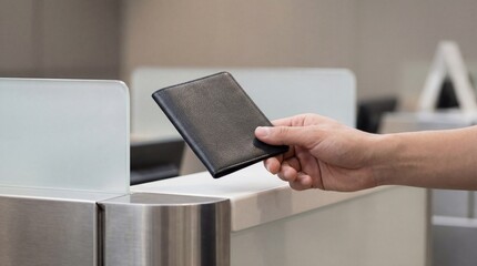 Obraz premium Man hand giving passport at airport counter. Travel document check for flight boarding. Concept of international trip, immigration