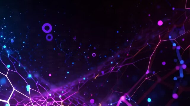 Futuristic digital network with vibrant purple and blue hexagonal grid and glowing particles for technology background