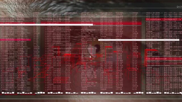 Adult male viewing tech HUD overlay rising over eye, text cols scrolling scanbar sweeping for audit