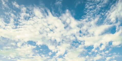 the sky is clear blue with fluffy white clouds, the sky is very bright, and the sun shines.