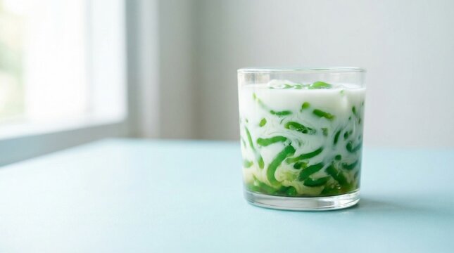 Clean Minimalist Shot of Refreshing Es Cendol on a Pastel Surface