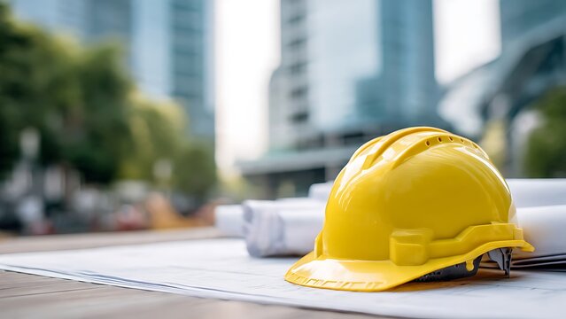 Construction Blueprint and Hard Hat on a Desk with Out-of-Focus Buildings in the Background