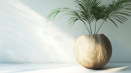 Obraz premium Tropical palm sprouting rustic coconut shell pot studio shot bright lighting natural home decor idea