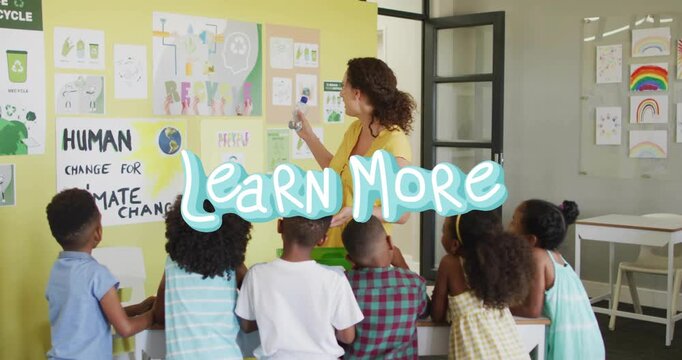Teacher pointing at yellow board, teaching climate, kids leaning, Learn More overlay covering faces