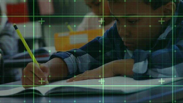 Student hands writing notebook, pencil touching page causing animated notes appearing for education