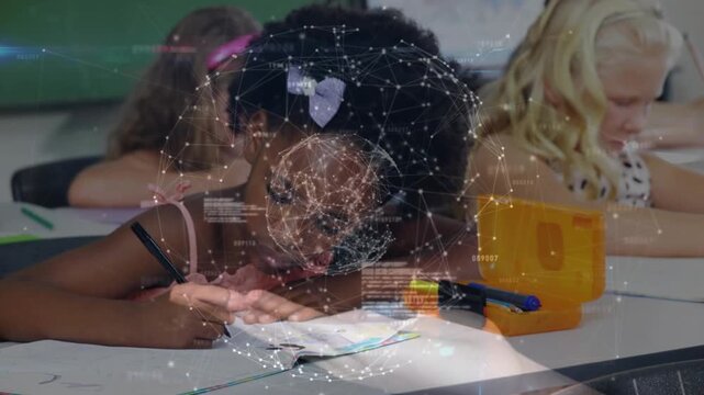 Student writing, pencil contact lifting network globe onto open hand and workbook, showing learning