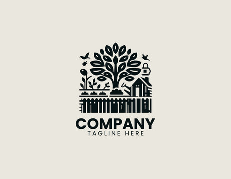 Garden landscape logo with tree house fence and plants in clean modern vector illustration style