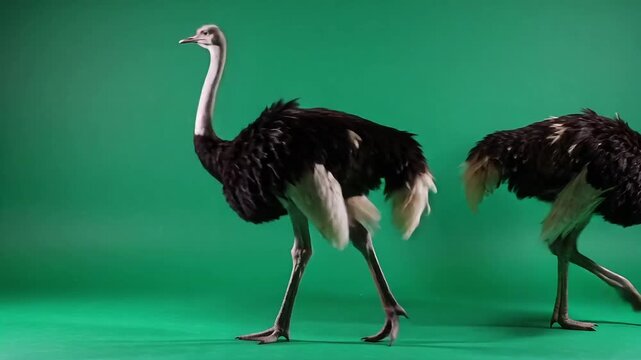 Two ostriches facing each other on green background