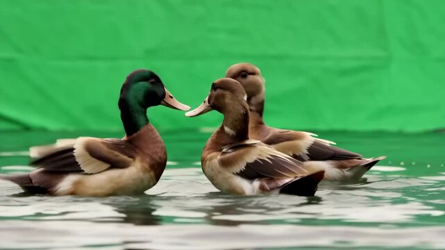 Mallard drake with two ducks swimming on water against green screen background for visual effects compositing