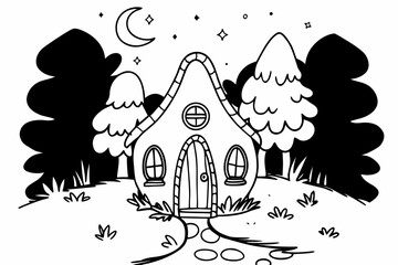 A whimsical black and white illustration of a small house in a forest under a crescent moon