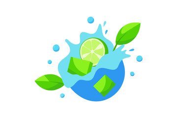 A refreshing vector graphic of a lime splash with ice cubes and green leaves on a white background