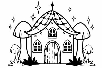 A whimsical black and white vector illustration of a fairy house with mushrooms and stars