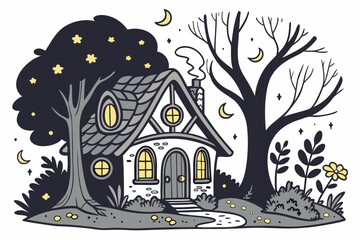 A whimsical vector illustration of a house at night with a tree and moonlit sky
