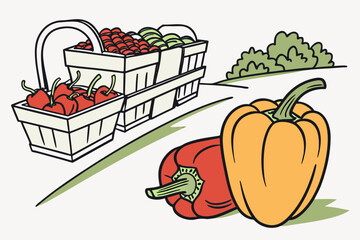 A colorful illustration of bell peppers and baskets of vegetables in a flat design style