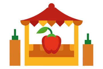 A colorful vector illustration of a fruit stand with a red apple and two bottles