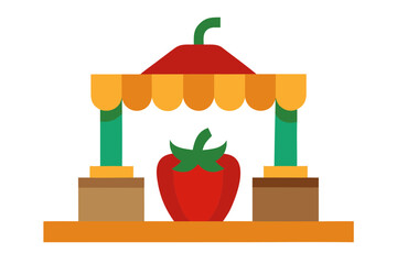 A colorful vector graphic of a fruit stand with a large red strawberry underneath a yellow canopy