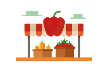 A colorful vector illustration of a fruit stand with a red pepper and other vegetables on display