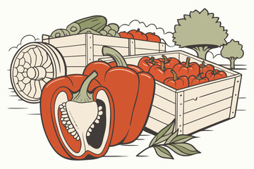 A vibrant illustration of a red bell pepper and wooden crates filled with fresh vegetables