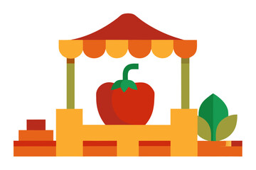 A vibrant vector illustration of a colorful fruit stand with a large red pepper on display