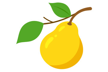 A vibrant yellow pear with green leaves on a brown stem, a simple yet colorful vector graphic illustration
