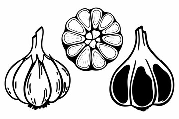A black and white vector illustration of three garlic bulbs in different views