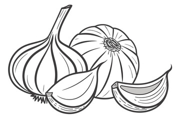 A black and white vector illustration of several garlic bulbs and cloves