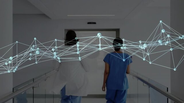 Doctor flaring coat and nurse walking ward while steps causing network graph pulsing to exit